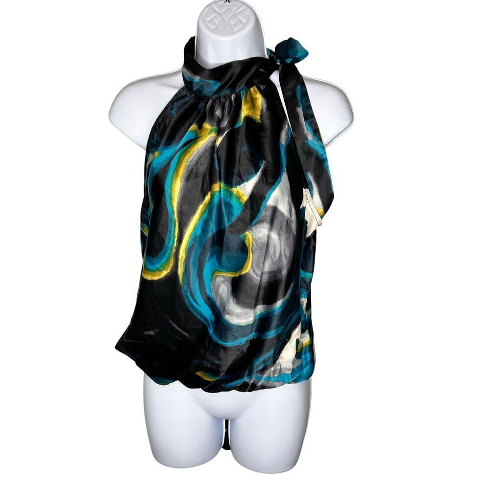 ☀️Heart Soul Womens Satin Blouse Sleeveless Abstract Smocked Hem Black Size XL